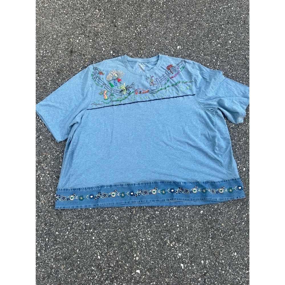LL Bean Mens XXL Tall Blue Embroidered Garden Denim Hem T-Shirt Cottagecore